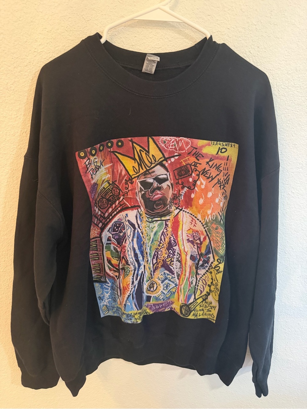 Black Crewneck Sweatshirt with Multicolor Portrait Graphic with Biggie Smalls